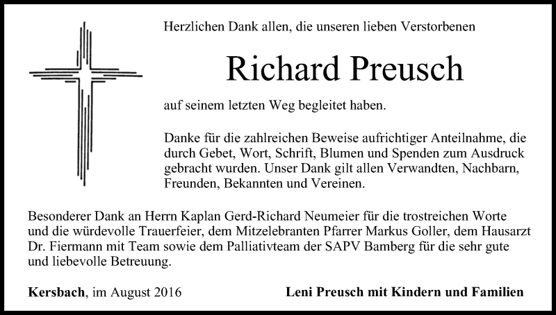  Traueranzeige für Richard Preusch vom 06.08.2016 aus MGO