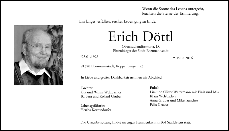  Traueranzeige für Erich Döttl vom 06.08.2016 aus MGO