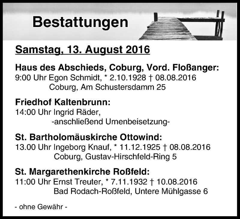  Traueranzeige für Totentafel vom 13.08.2016 vom 13.08.2016 aus MGO