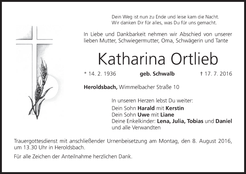  Traueranzeige für Katharina Ortlieb vom 03.08.2016 aus MGO