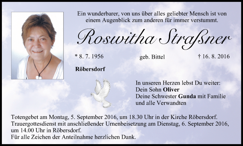  Traueranzeige für Roswitha Straßner vom 27.08.2016 aus MGO