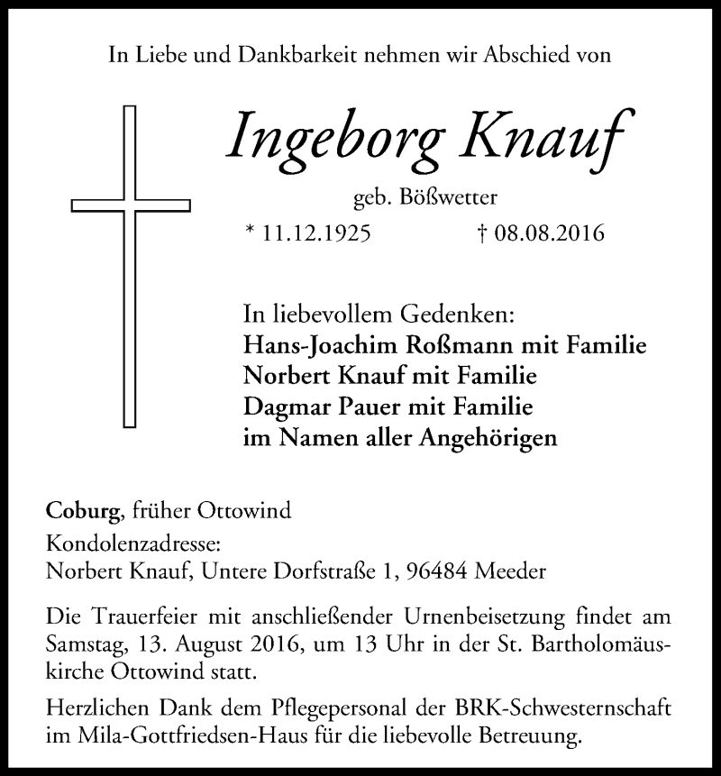  Traueranzeige für Ingeborg Knauf vom 11.08.2016 aus MGO