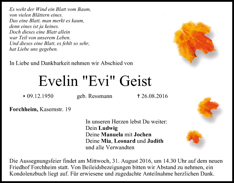  Traueranzeige für Evelin Geist vom 29.08.2016 aus MGO