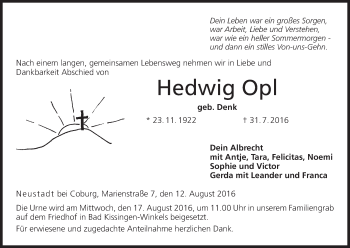 Anzeige von Hedwig Opl von MGO