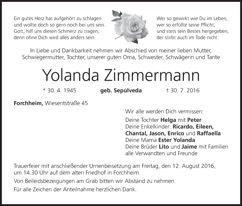  Traueranzeige für Yolanda Zimmermann vom 06.08.2016 aus MGO