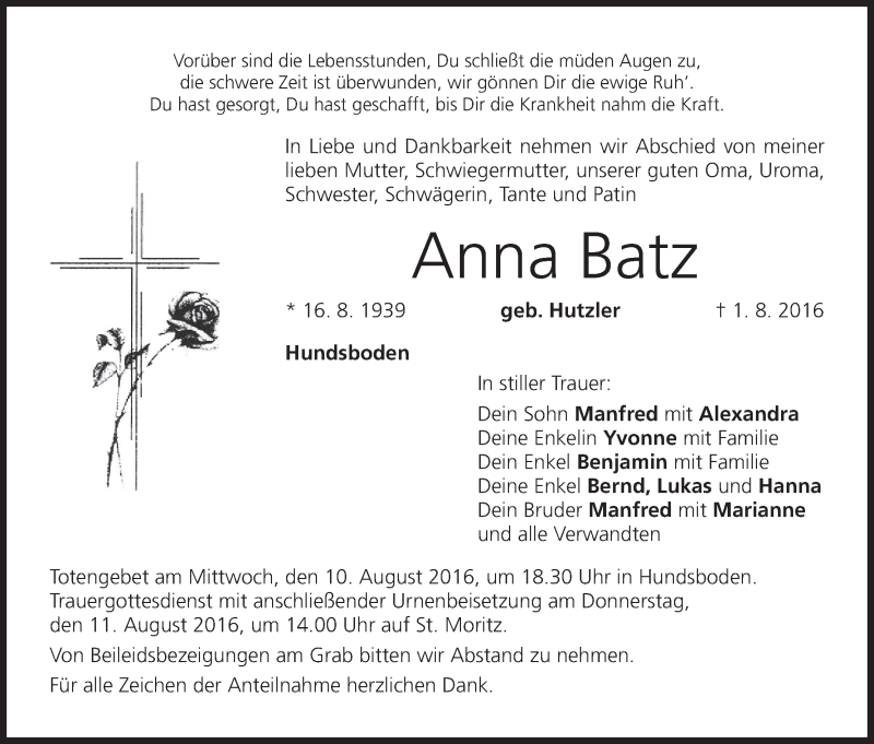  Traueranzeige für Anna Batz vom 06.08.2016 aus MGO