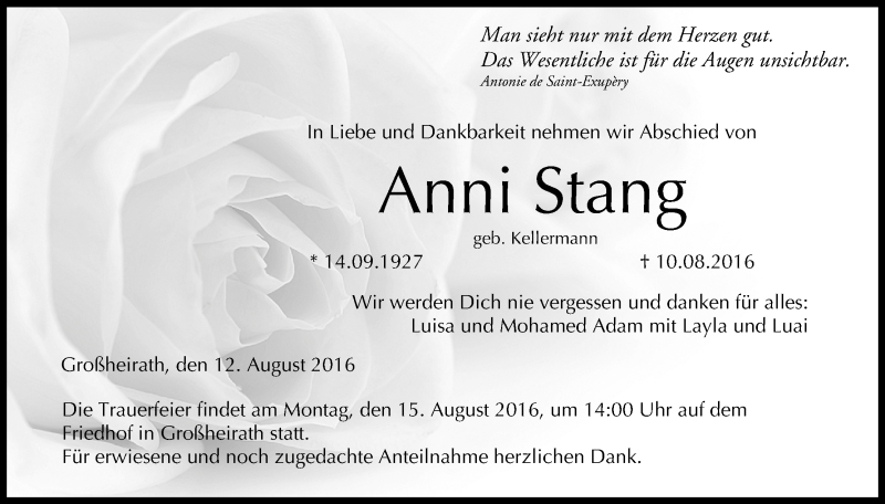  Traueranzeige für Anni Stang vom 12.08.2016 aus MGO