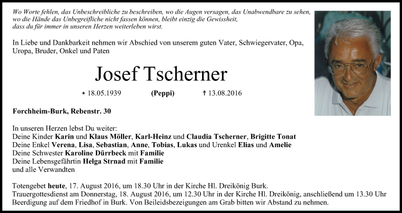  Traueranzeige für Josef Tscherner vom 17.08.2016 aus MGO