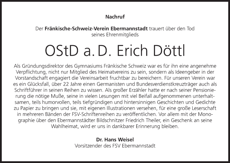  Traueranzeige für Erich Döttl vom 08.08.2016 aus MGO