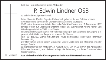 Anzeige von Pater Edwin Lindner von MGO