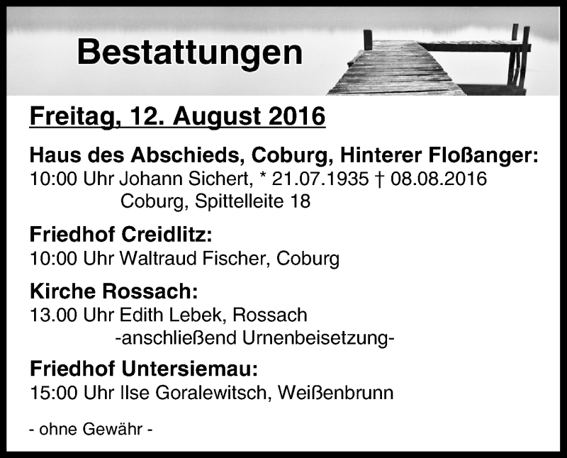  Traueranzeige für Bestattungen vom 12.08.2016 vom 12.08.2016 aus MGO