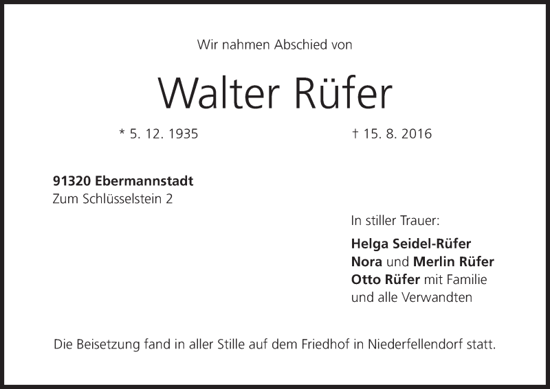  Traueranzeige für Walter Rüfer vom 23.08.2016 aus MGO