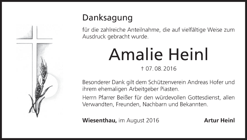  Traueranzeige für Amalie Heinl vom 27.08.2016 aus MGO