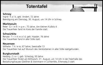 Anzeige von Totentafel vom 30.08.2016 von MGO
