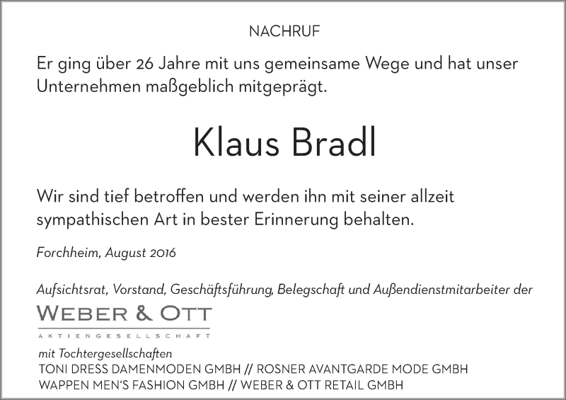 Traueranzeige für Klaus Bradl vom 23.08.2016 aus MGO