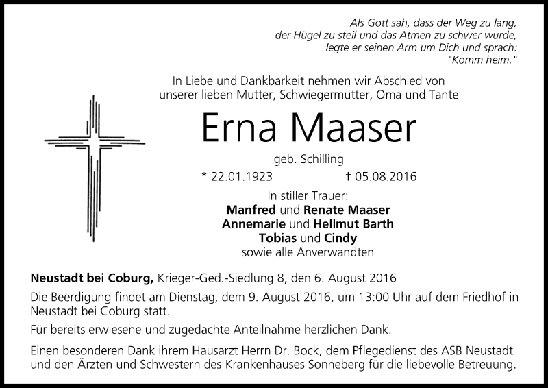  Traueranzeige für Erna Maaser vom 06.08.2016 aus MGO