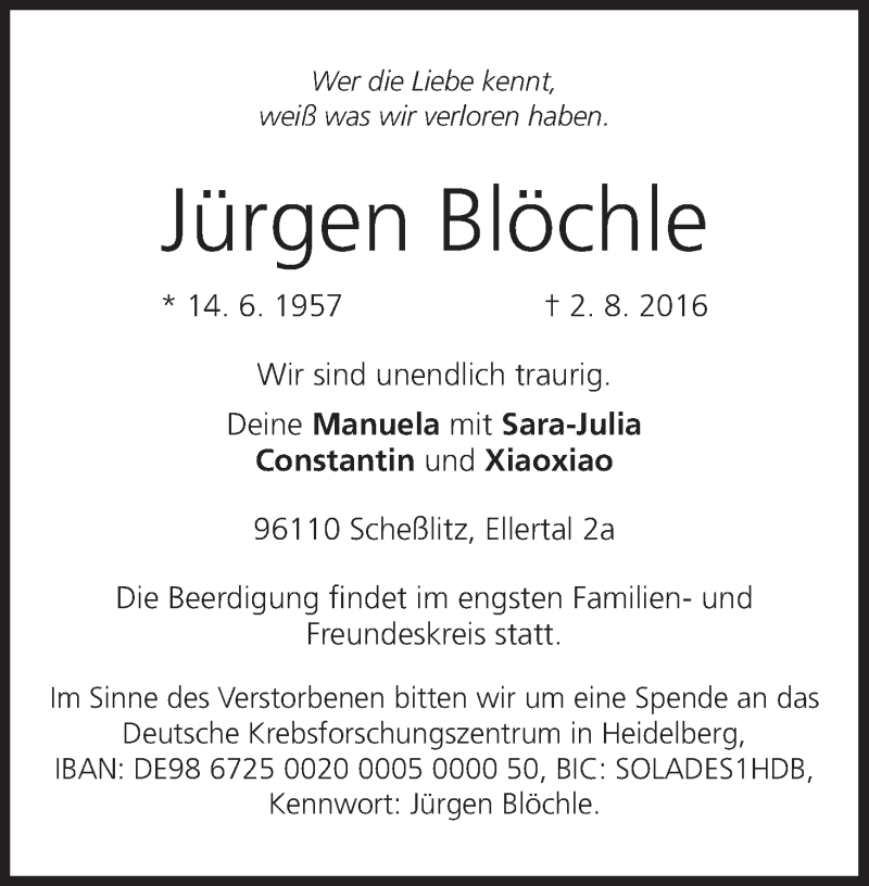  Traueranzeige für Jürgen Blöchle vom 13.08.2016 aus MGO