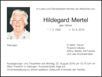 Anzeige von Hildegard Mertel von MGO