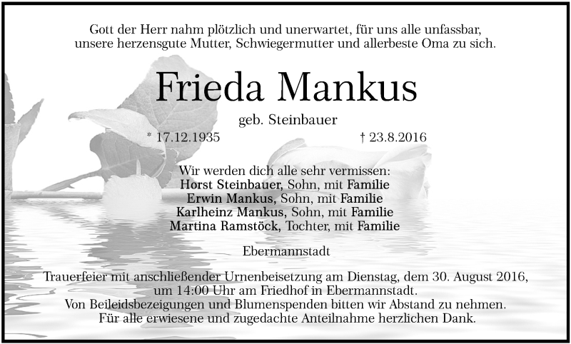  Traueranzeige für Frieda Mankus vom 26.08.2016 aus MGO