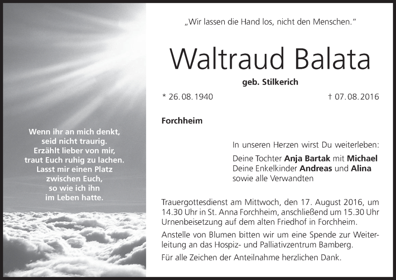  Traueranzeige für Waltraud Balata vom 13.08.2016 aus MGO