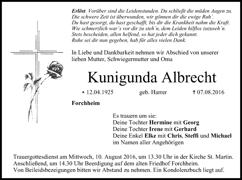  Traueranzeige für Kunigunda Albrecht vom 09.08.2016 aus MGO