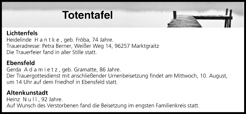  Traueranzeige für Totentafel vom 09.08.2016 vom 09.08.2016 aus MGO