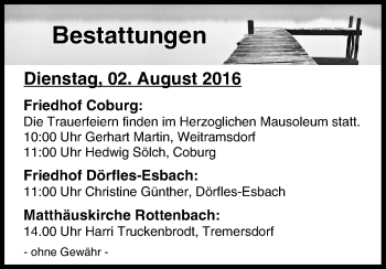 Anzeige von Bestattungen vom 02.08.2016 von MGO