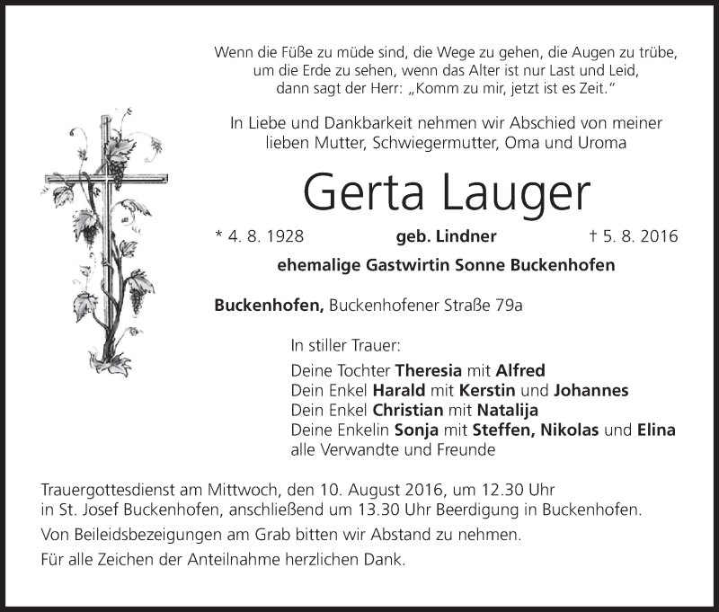  Traueranzeige für Gerta Lauger vom 08.08.2016 aus MGO