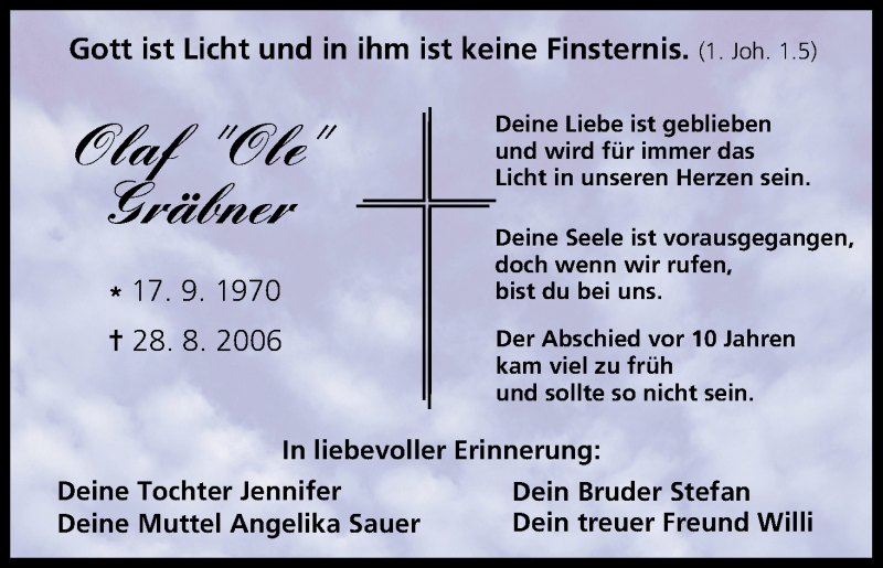  Traueranzeige für Olaf Gräbner vom 27.08.2016 aus MGO
