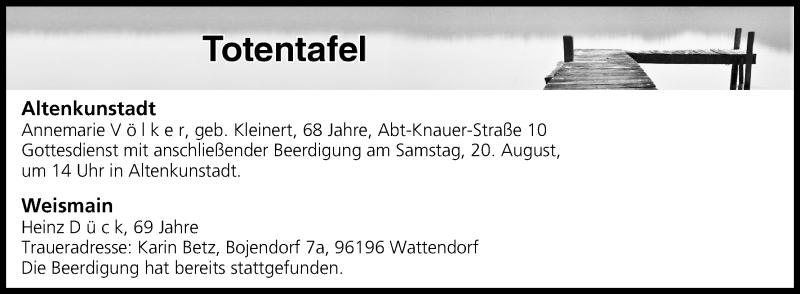  Traueranzeige für Totentafel vom 20.08.2016 vom 20.08.2016 aus MGO
