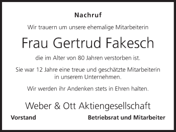 Anzeige von Gertrud Fakesch von MGO