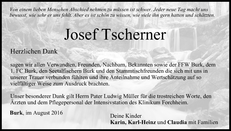  Traueranzeige für Josef Tscherner vom 30.08.2016 aus MGO