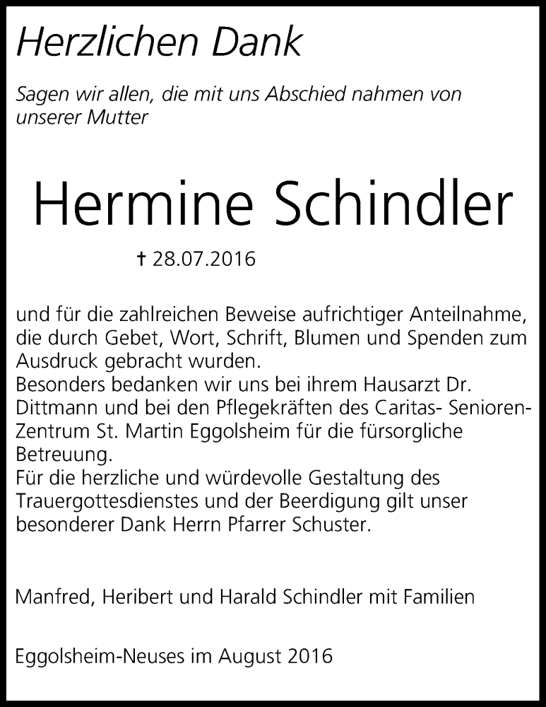  Traueranzeige für Hermine Schindler vom 24.08.2016 aus MGO