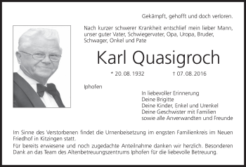 Anzeige von Karl Quasigroch von MGO