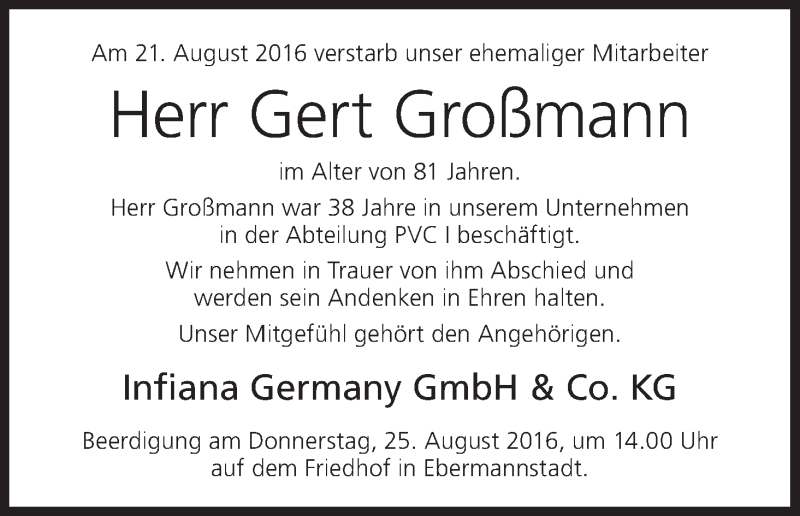 Traueranzeige für Gert Großmann vom 25.08.2016 aus MGO