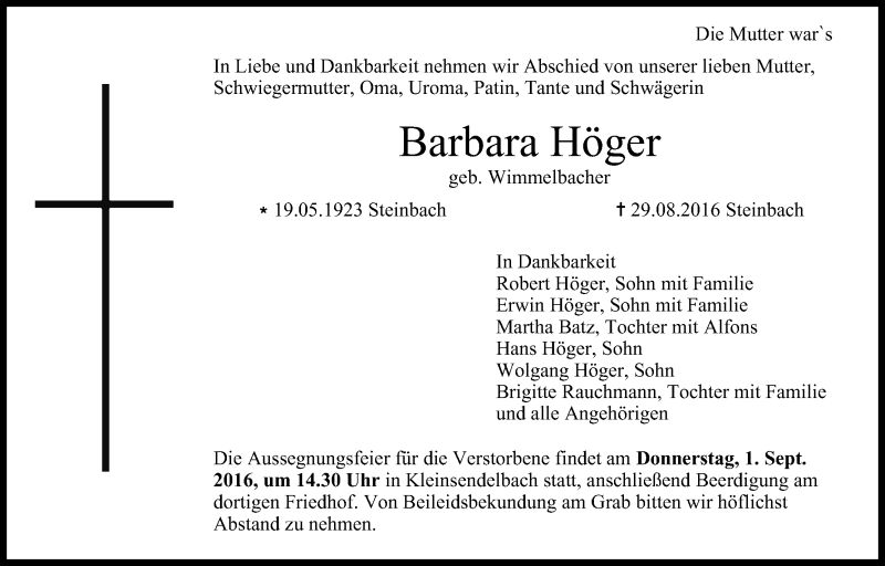  Traueranzeige für Barbara Höger vom 31.08.2016 aus MGO