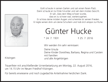 Anzeige von Günter Hucke von MGO