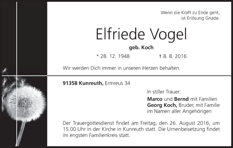  Traueranzeige für Elfriede Vogel vom 25.08.2016 aus MGO