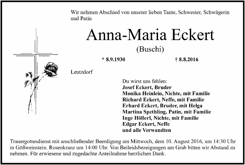  Traueranzeige für Anna-Maria Eckert vom 09.08.2016 aus MGO