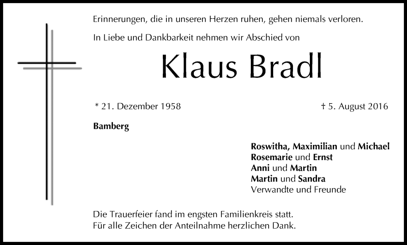  Traueranzeige für Klaus Bradl vom 20.08.2016 aus MGO