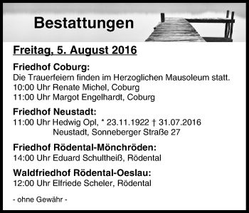 Anzeige von Bestattungen vom 05.08.2016 von MGO