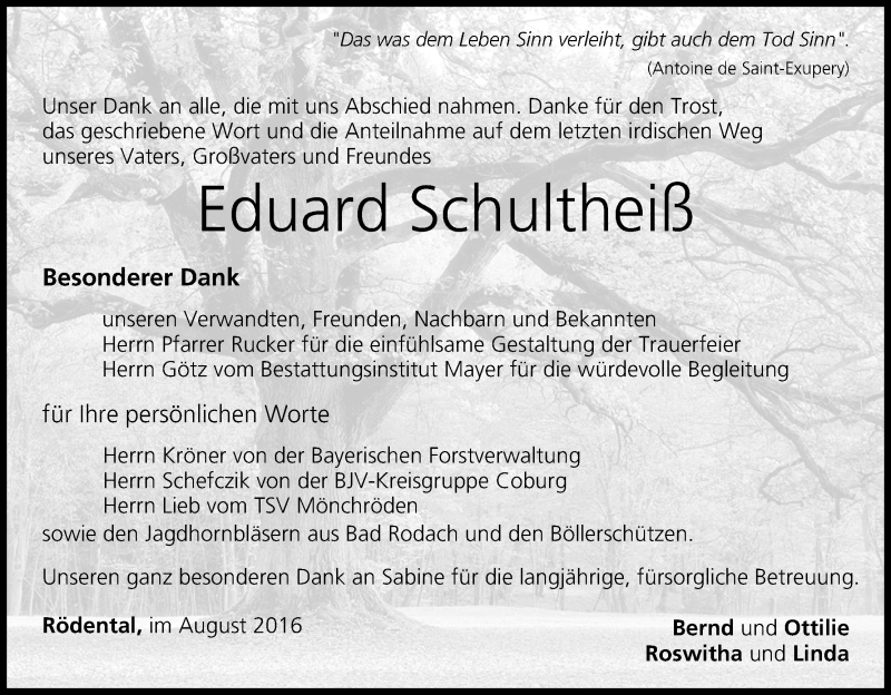  Traueranzeige für Eduard Schultheiß vom 13.08.2016 aus MGO
