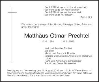 Anzeige von Matthäus Otmar Prechtel von MGO