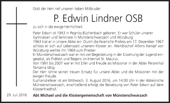 Anzeige von Pater Edwin Lindner von MGO