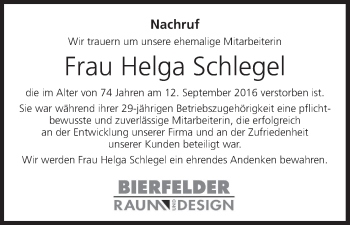 Anzeige von Helga Schlegel von MGO
