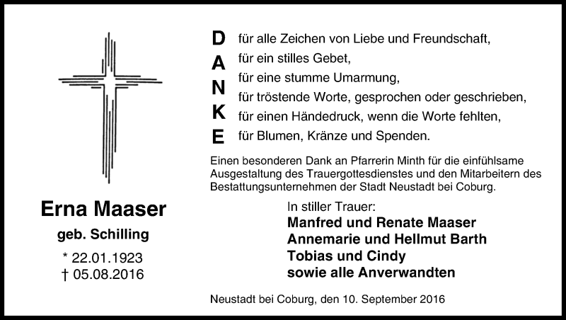 Traueranzeige für Erna Maaser vom 10.09.2016 aus MGO