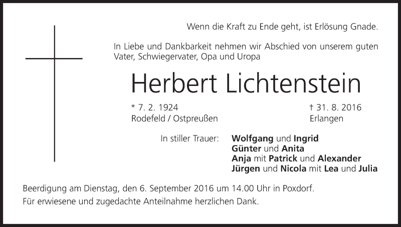  Traueranzeige für Herbert Lichtenstein vom 02.09.2016 aus MGO