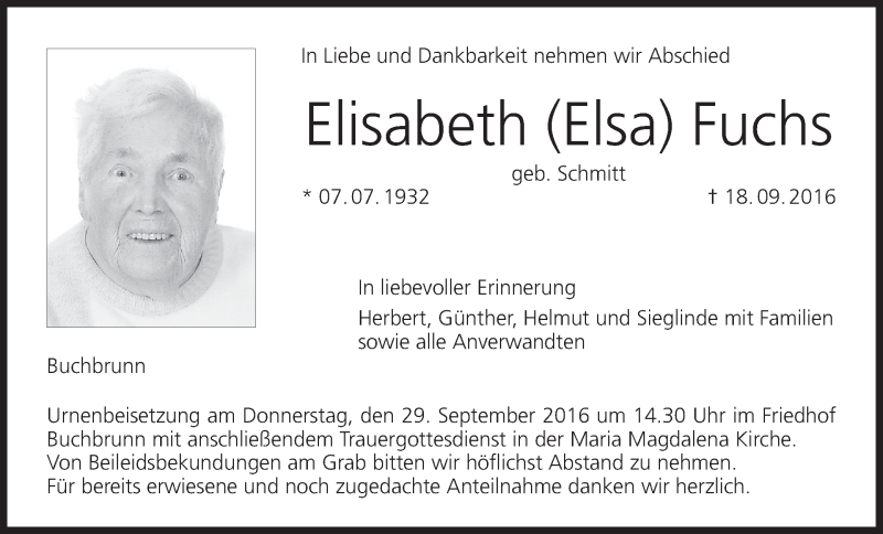  Traueranzeige für Elisabeth Fuchs vom 24.09.2016 aus MGO