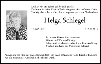 Anzeige von Helga Schlegel von MGO