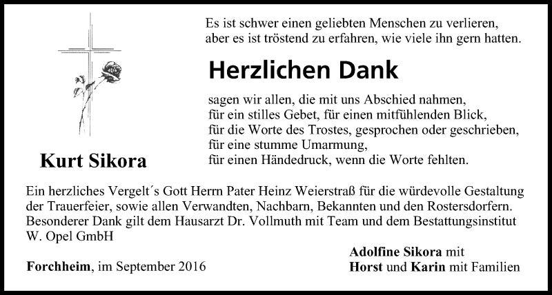  Traueranzeige für Kurt Sikora vom 17.09.2016 aus MGO